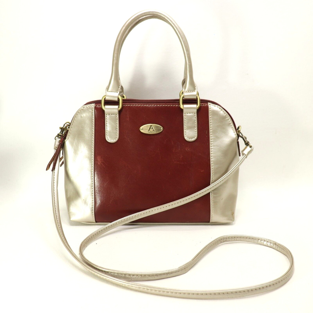 Aurielle Leather Handbag M Burgundy Pewter Satchel Crossbody Lined Dome Pockets